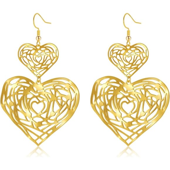 Big Gold Hollow Out Boho Geometric Hook Statement  Gold Heart Dangle Earrings - Picture 1 of 8